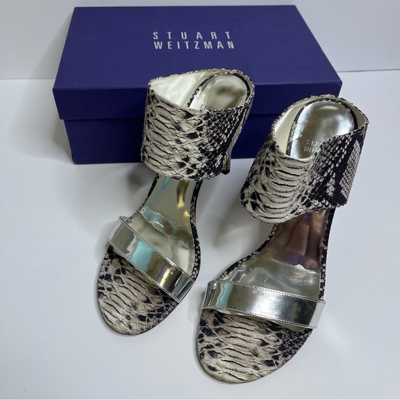 Stuart Weitzman Myslide Snakeskin and Silver Strap Stiletto Pump Mules Size 10.5 - Picture 2 of 15